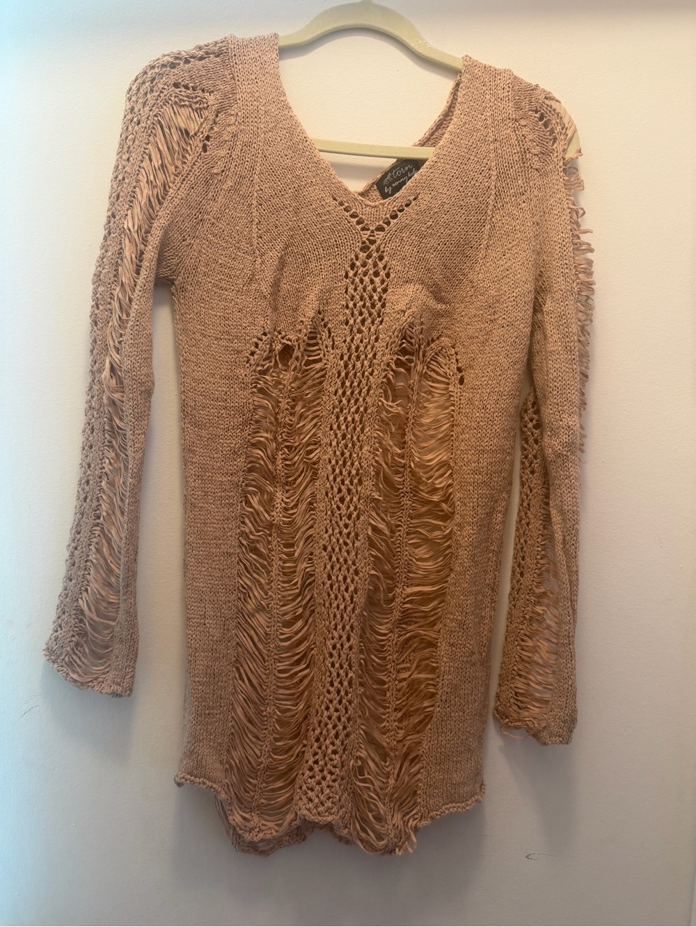 Torn by Ronny Kobo Distressed Open-Knit V-Neck Sweater in Blush